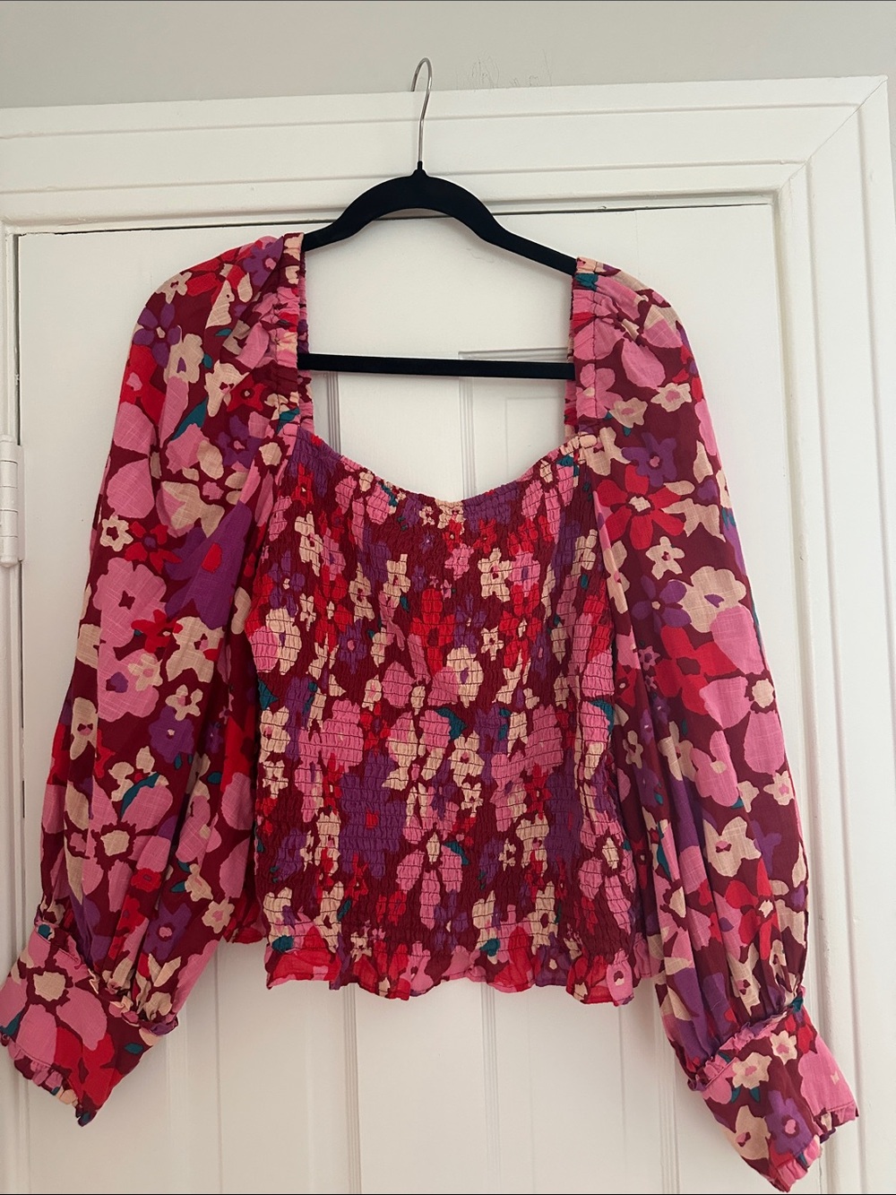 Free People Floral Smocked Peasant Top - Pink Red Multi